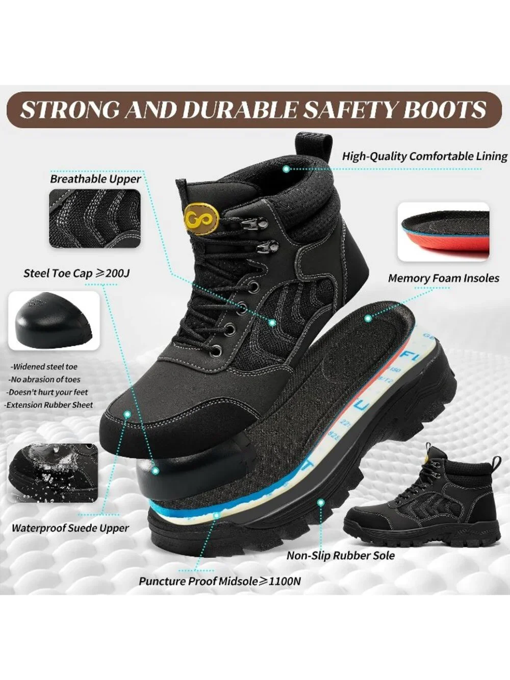 Men's Black Waterproof Shoes Solid High Top Steel Toe Non Slip Hiking Boots